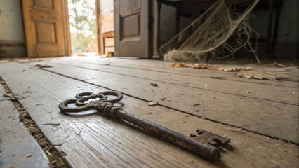 Rusty key, a relic of a bygone era, lies on the decaying wooden floor.