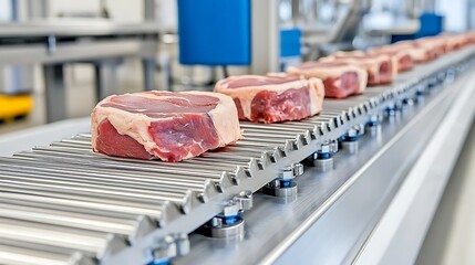Meat processing action factory food photography industrial environment close-up view