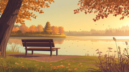 Vector Illustration of a Sunny Lake Surrounded