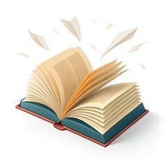 Fototapeta premium Open Book with Pages Flipping and Flying Paper on White Background