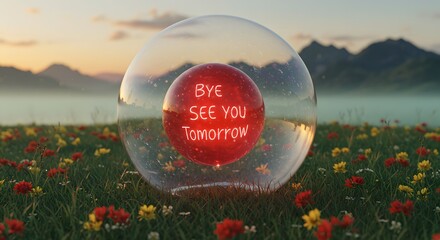 Glass Globe Displaying 'bye See You Tomorrow' Message in a Flower Field
