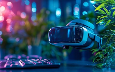 VR headset floats above keyboard, plants in neon light.