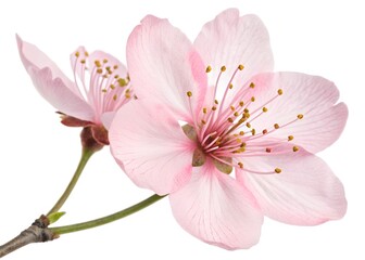 Fototapeta premium Delicate Pink Cherry Blossom Flowers with Stamen on White Background