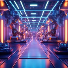 Futuristic automated factory line neon lights robotics advanced technology manufacturing robotic arms
