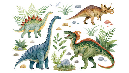 Watercolor dinosaurs set isolated. Prehistoric animals stegosaurus, brachiosaurus, triceratops, t-rex, plants. dinosaur eggs