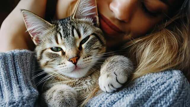 Feline companion cuddles with owner in cozy setting during late afternoon