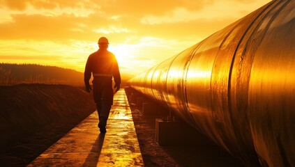 worker walking along a pipe against the backdrop of sunset