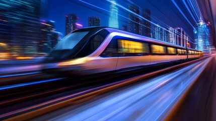 Sleek monorail glides through a futuristic cityscape, embodying advanced urban mobility and innovation.
