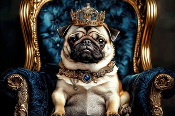 Fototapeta premium An adorable illustration portrays a funny pug enjoying his throne of luxury.