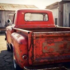 old car on the road, Back old rusted red pickup truck truck facing Back Of Old Truck