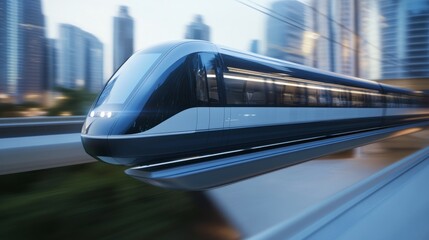 Obraz premium Sleek monorail glides through a futuristic cityscape, embodying advanced urban mobility and innovation. 