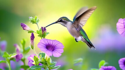 Fototapeta premium Hummingbird feeding on flower in garden; beautiful nature scene; perfect for showcasing natural beauty