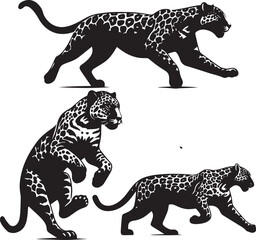 set of Spotted Jaguar running poses,powerful jaguar sprinting silhouette,aguar artwork black and white, digital jaguar running illustration