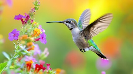 Fototapeta premium Hummingbird feeding on flower in garden; beautiful nature scene; perfect for nature, wildlife, or spring themes