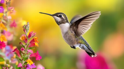 Hummingbird in flight amongst colorful flowers. Possible use Nature, wildlife, Spring, birds, flowers, garden