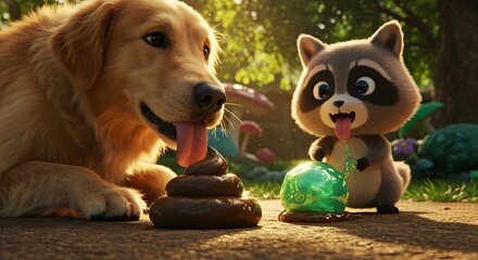 Golden Retriever and Raccoon Licking Interesting Piles in an Outdoor Setting