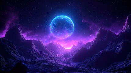 Cosmic landscape; glowing moon over mountains; vibrant; surreal scenery; digital art; futuristic; space; exploration