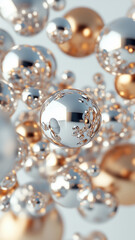 Abstract cluster of shiny metallic spheres and cubes in a seamless blend of gold and silver tones, captured in a high-tech design style.

