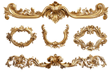 Gold ornate frames and decorative elements baroque style luxury design isolated on transparent background