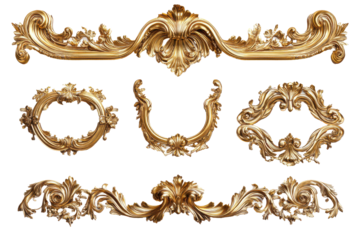 Gold ornate frames and decorative elements baroque style luxury design isolated on transparent background