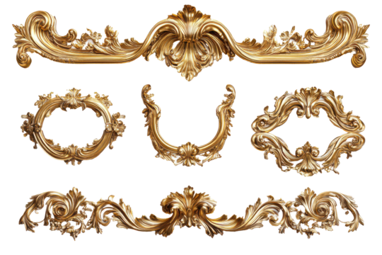 Gold ornate frames and decorative elements baroque style luxury design isolated on transparent background