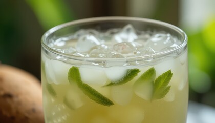 Refreshing Iced Herbal Beverage with Mint Leaves and Ice Cubes in Glass