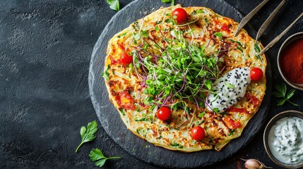 Tasty savory pancake with fresh microgreens tomato sauce and creamy yogurt dressing on dark plate overhead shot
