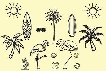 Tropical Beach Line Art – Flamingo, Palm Trees, and Surfboards