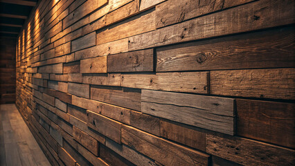 A close-up view of a wooden wall made of irregularly shaped planks arranged in a horizontal pattern
