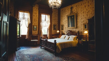Elegant Bedroom with Dark Wood Furniture and Chandeliers