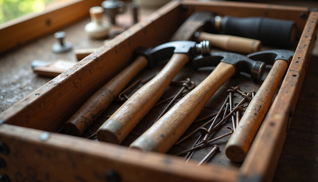  A wooden toolbox filled with various hand tools, including wrenches and screwdrivers, sits on a workbench. Symbolizes skilled labor, precision, and the dedication of workers, ideal for Labor Day.