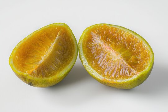 Cut juicy natal orange halves on clean white background studio shot capturing vibrant color freshness exotic taste