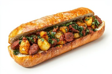 Rustic sandwich filled with potatoes sausage and fresh herb a culinary delight studio shot