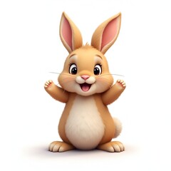 Obraz premium Cute cartoon rabbit, big expressive eyes, upright ears, smiling face, friendly pose, arms raised, soft fur texture, warm lighting, 3D rendered character, cheerful expression, beige and brown tones, wh
