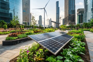 Fototapeta premium Sustainable city landscape showcasing urban garden solar panels and wind turbine with modern skyscrapers