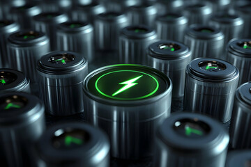Silver batteries arranged in a grid with one displaying a green charging indicator