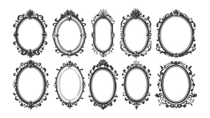 Obraz premium Set of ornate vintage frames in black and white with intricate baroque and rococo details. Victorian elegant mirror, rococo magic ornate decoration with copy space. Wedding gothic frame kit