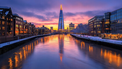 Fototapeta premium Stunning sunset view of a modern skyscraper reflecting in a river, surrounded by urban architecture