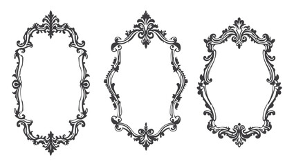Set of ornate vintage frames in black and white with intricate baroque and rococo details. Victorian elegant mirror, rococo magic ornate decoration with copy space. Wedding gothic frame kit