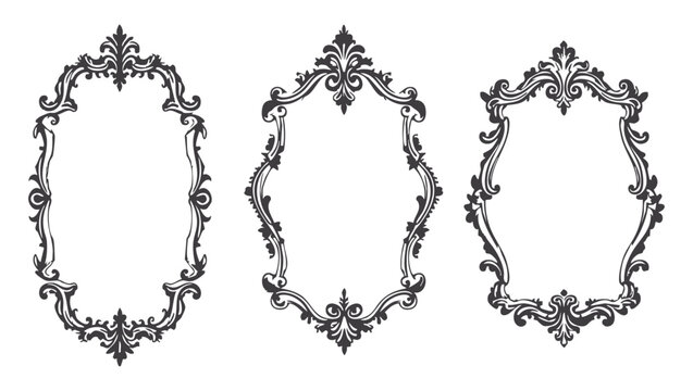 Set of ornate vintage frames in black and white with intricate baroque and rococo details. Victorian elegant mirror, rococo magic ornate decoration with copy space. Wedding gothic frame kit