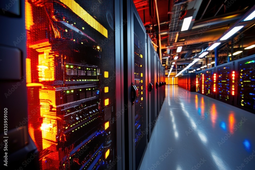 Poster impressive datacenter room with server racks providing cloud data storage and data processing in a m