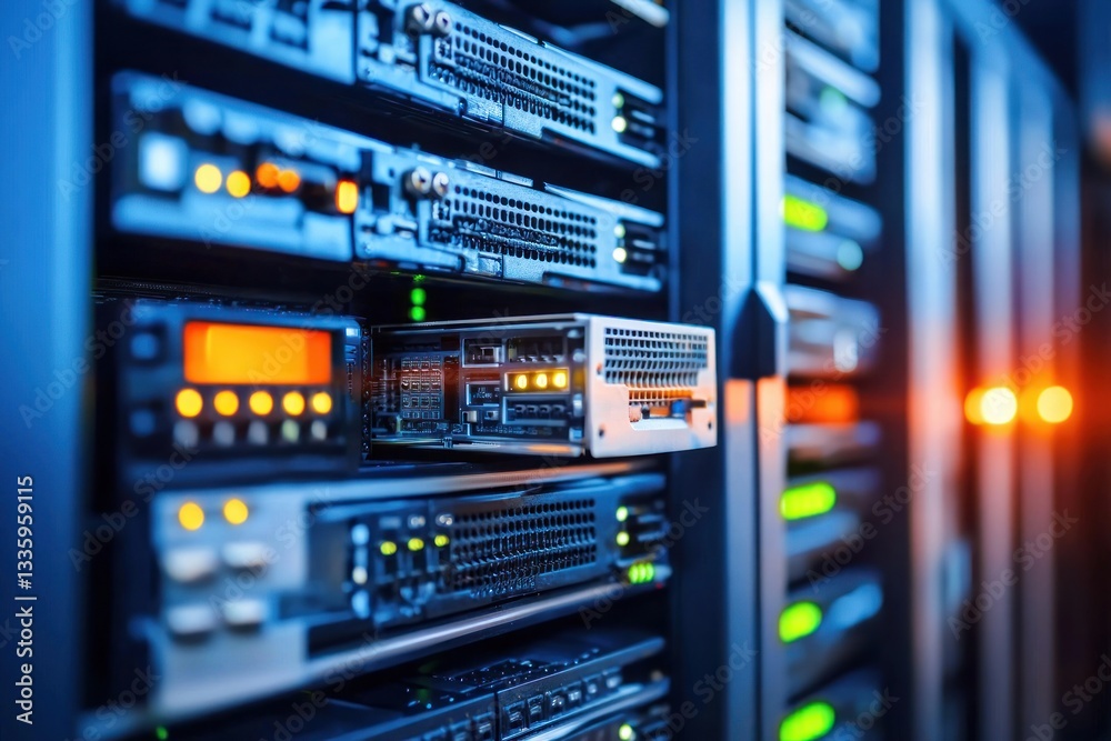 Poster server hardware array with blinking lights data center rack servers for hosting information technolo