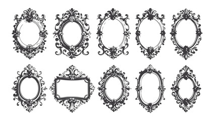 Set of ornate vintage frames in black and white with intricate baroque and rococo details. Victorian elegant mirror, rococo magic ornate decoration with copy space. Wedding gothic frame kit