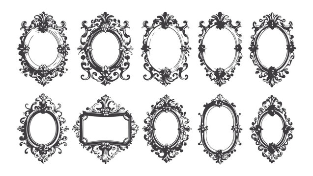 Set of ornate vintage frames in black and white with intricate baroque and rococo details. Victorian elegant mirror, rococo magic ornate decoration with copy space. Wedding gothic frame kit