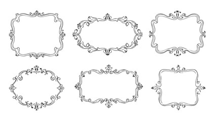 Set of ornate vintage frames in black and white with intricate baroque and rococo details. Victorian elegant mirror, rococo magic ornate decoration with copy space. Wedding gothic frame kit