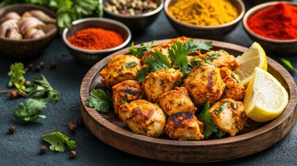 Fototapeta premium Grilled chicken tikka masala skewers served on wooden plate with lemon and various spices on table