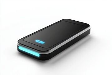 Sleek Black Power Bank on White Surface Featuring Minimalist Design and Soft Blue Ambient Lighting Technology