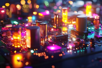 Obraz premium Futuristic illuminated motherboard showcasing vibrant digital circuit patterns and innovative technology