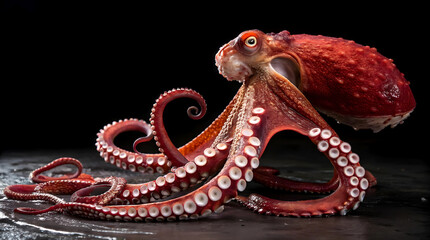 Obraz premium A Vibrant Red Octopus, A Creature Of Mesmerizing Mystery, Elegantly Poised Against A Stark Black Background, Showcasing Its Intricate Tentacles And Captivating Gaze