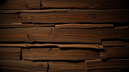 A close-up view of a wooden wall made of irregularly shaped planks arranged in a horizontal pattern